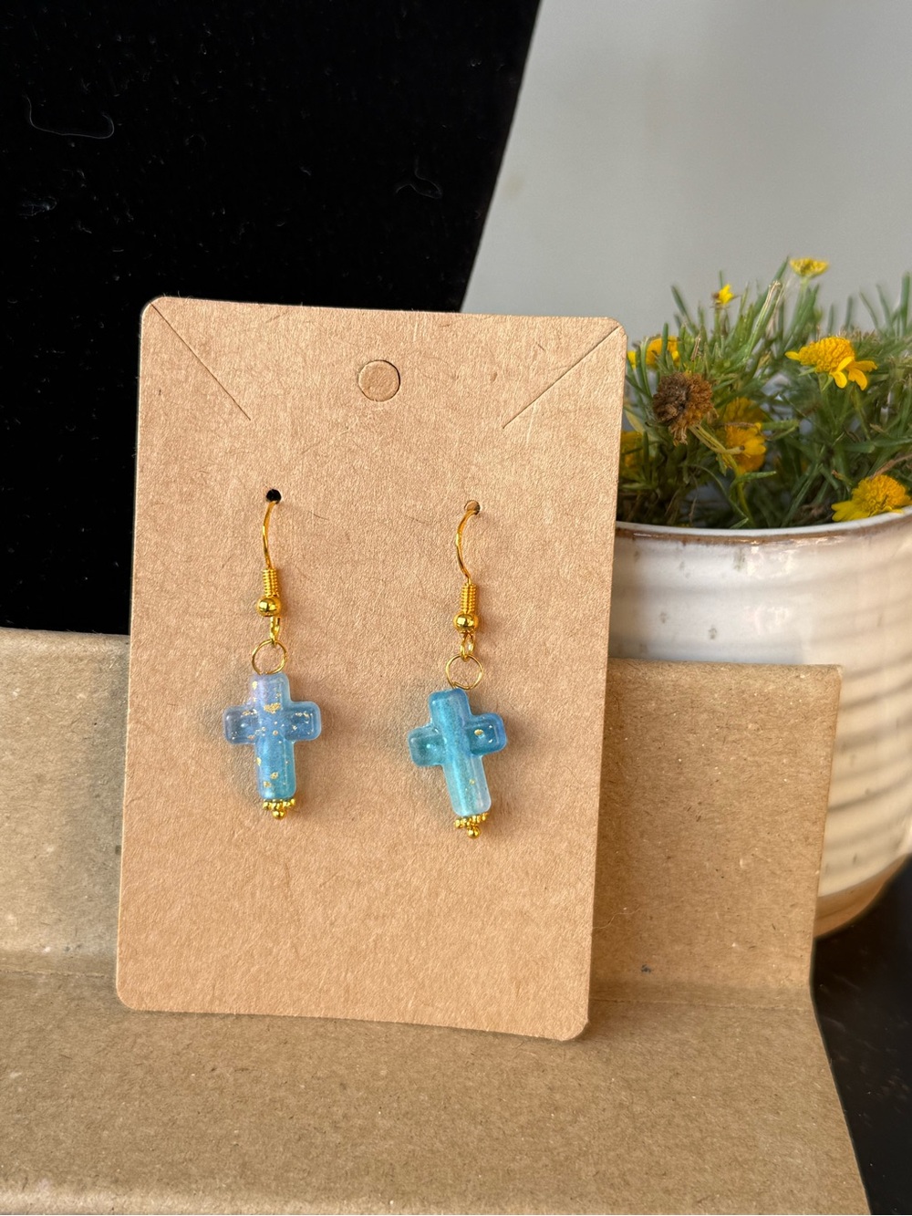 Gold-Plated Blue Cross Drop Earrings - Women Jewelry